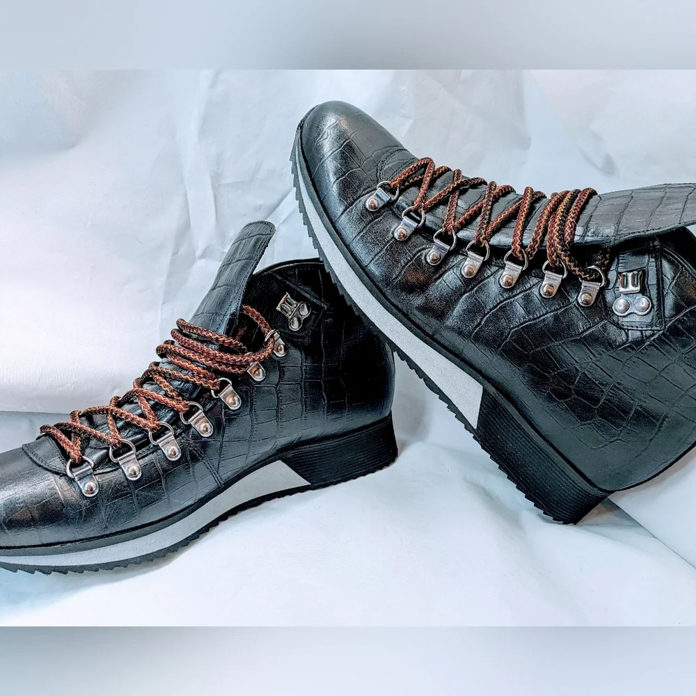 PRADA NEW Men's Black‎ Crocodile Pattern Hiking Boots, Size 43